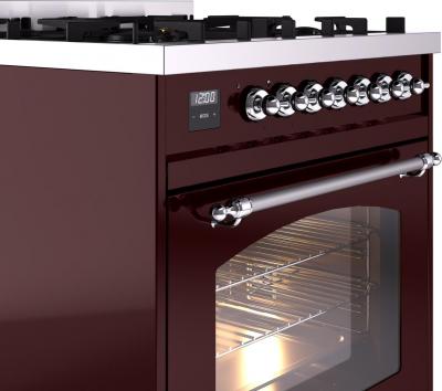 30" ILVE Nostalgie II Dual Fuel Natural Gas Freestanding Range in Burgundy with Chrome Trim - UP30NMP/BUC NG