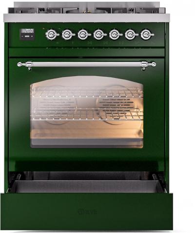 30" ILVE Nostalgie II Dual Fuel Natural Gas Freestanding Range in Emerald Green with Chrome Trim - UP30NMP/EGC NG