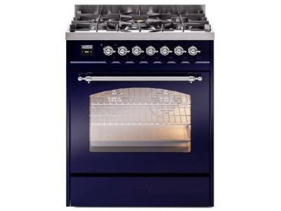 30" ILVE Nostalgie II Dual Fuel Natural Gas Freestanding Range in Blue with Chrome Trim - UP30NMP/MBC NG