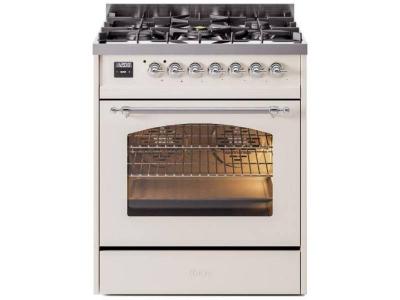 30" ILVE Nostalgie II Dual Fuel Natural Gas Freestanding Range in Antique White with Chrome Trim - UP30NMP/AWC NG