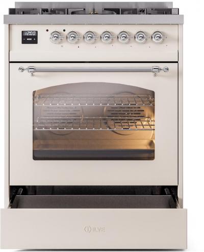 30" ILVE Nostalgie II Dual Fuel Natural Gas Freestanding Range in Antique White with Chrome Trim - UP30NMP/AWC NG