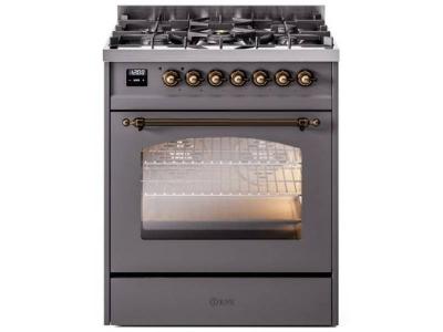 30" ILVE Nostalgie II Dual Fuel Natural Gas Freestanding Range in Matte Graphite with Bronze Trim - UP30NMP/MGB NG