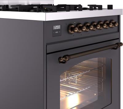 30" ILVE Nostalgie II Dual Fuel Natural Gas Freestanding Range in Matte Graphite with Bronze Trim - UP30NMP/MGB NG
