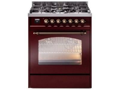30" ILVE Nostalgie II Dual Fuel Natural Gas Freestanding Range in Burgundy with Bronze Trim - UP30NMP/BUB NG
