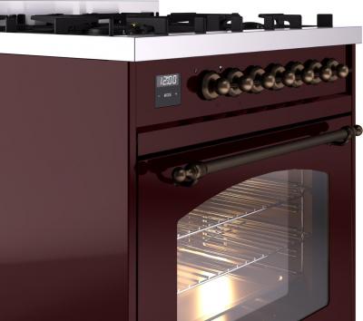 30" ILVE Nostalgie II Dual Fuel Natural Gas Freestanding Range in Burgundy with Bronze Trim - UP30NMP/BUB NG