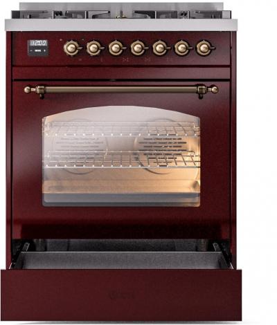 30" ILVE Nostalgie II Dual Fuel Natural Gas Freestanding Range in Burgundy with Bronze Trim - UP30NMP/BUB NG