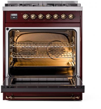 30" ILVE Nostalgie II Dual Fuel Natural Gas Freestanding Range in Burgundy with Bronze Trim - UP30NMP/BUB NG