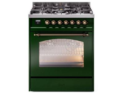 30" ILVE Nostalgie II Dual Fuel Natural Gas Freestanding Range in Emerald Green with Bronze Trim - UP30NMP/EGB NG