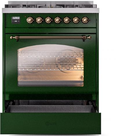 30" ILVE Nostalgie II Dual Fuel Natural Gas Freestanding Range in Emerald Green with Bronze Trim - UP30NMP/EGB NG