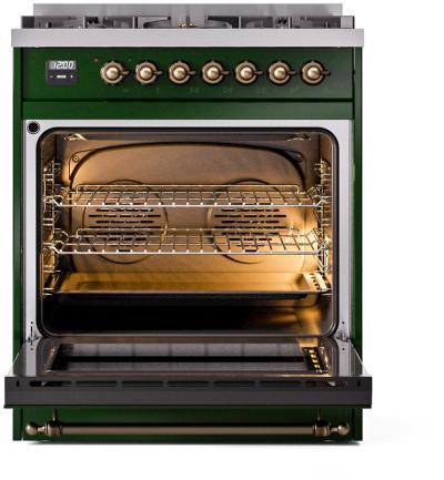 30" ILVE Nostalgie II Dual Fuel Natural Gas Freestanding Range in Emerald Green with Bronze Trim - UP30NMP/EGB NG