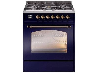 30" ILVE Nostalgie II Dual Fuel Natural Gas Freestanding Range in Blue with Bronze Trim - UP30NMP/MBB NG