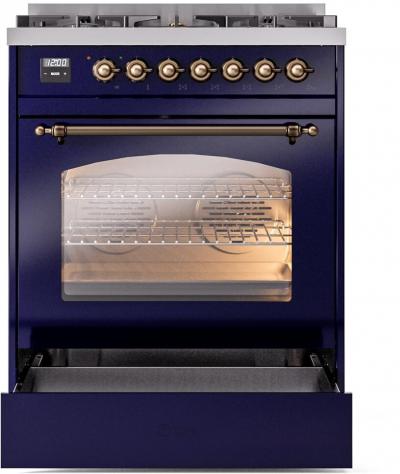 30" ILVE Nostalgie II Dual Fuel Natural Gas Freestanding Range in Blue with Bronze Trim - UP30NMP/MBB NG