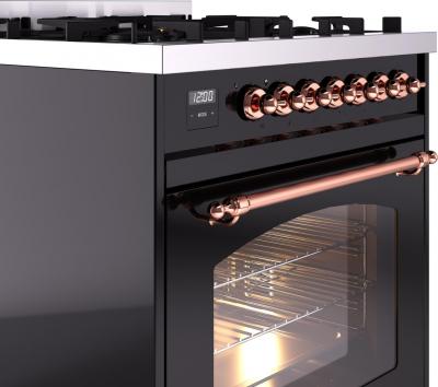 30" ILVE Nostalgie II Dual Fuel Liquid Propane Freestanding Range in Glossy Black with Copper Trim - UP30NMP/BKP LP