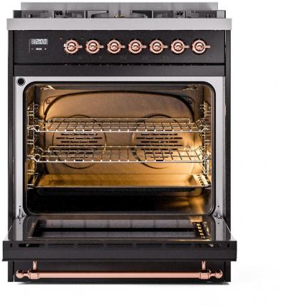 30" ILVE Nostalgie II Dual Fuel Liquid Propane Freestanding Range in Glossy Black with Copper Trim - UP30NMP/BKP LP