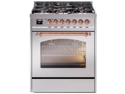 30" ILVE Nostalgie II Dual Fuel Liquid Propane Freestanding Range in Stainless Steel with Copper Trim - UP30NMP/SSP LP