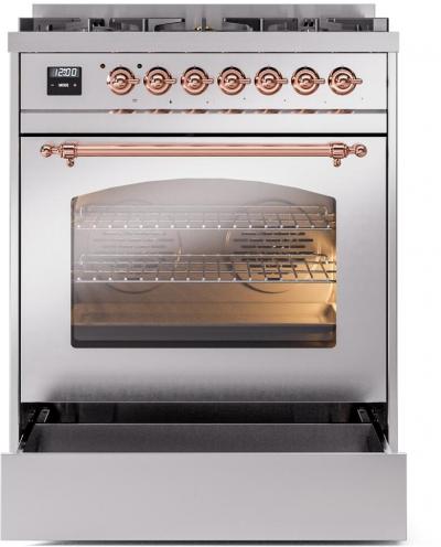 30" ILVE Nostalgie II Dual Fuel Liquid Propane Freestanding Range in Stainless Steel with Copper Trim - UP30NMP/SSP LP