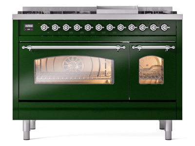 48" ILVE Nostalgie II Dual Fuel Liquid Propane Freestanding Range in Emerald Green with Chrome Trim -UP48FNMP/EGC LP