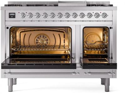 48" ILVE Nostalgie II Dual Fuel Natural Gas Freestanding Range in Stainless Steel with Chrome Trim - UP48FNMP/SSC NG