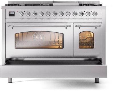 48" ILVE Nostalgie II Dual Fuel Natural Gas Freestanding Range in Stainless Steel with Chrome Trim - UP48FNMP/SSC NG