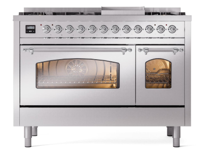 48" ILVE Nostalgie II Dual Fuel Natural Gas Freestanding Range in Stainless Steel with Chrome Trim - UP48FNMP/SSC NG