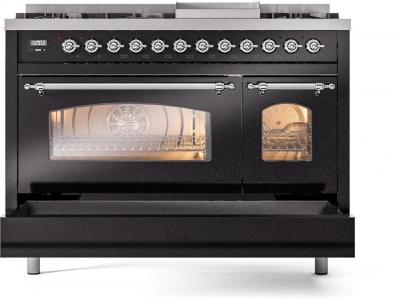 48" ILVE Nostalgie II Dual Fuel Natural Gas Freestanding Range in Glossy Black with Chrome Trim - UP48FNMP/BKC NG