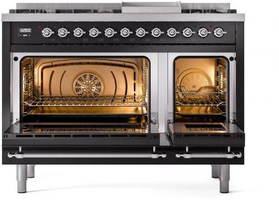 48" ILVE Nostalgie II Dual Fuel Natural Gas Freestanding Range in Glossy Black with Chrome Trim - UP48FNMP/BKC NG