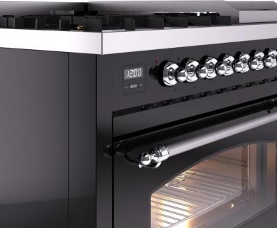 48" ILVE Nostalgie II Dual Fuel Natural Gas Freestanding Range in Glossy Black with Chrome Trim - UP48FNMP/BKC NG