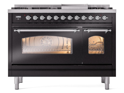 48" ILVE Nostalgie II Dual Fuel Natural Gas Freestanding Range in Glossy Black with Chrome Trim - UP48FNMP/BKC NG