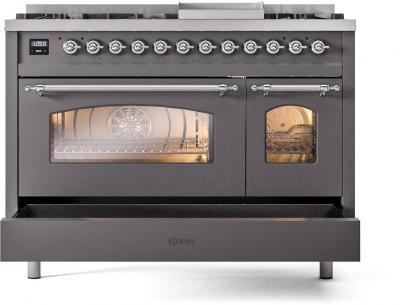 48" ILVE Nostalgie II Dual Fuel Natural Gas Freestanding Range in Matte Graphite with Chrome Trim - UP48FNMP/MGC NG