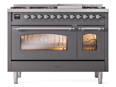 48" ILVE Nostalgie II Dual Fuel Natural Gas Freestanding Range in Matte Graphite with Chrome Trim - UP48FNMP/MGC NG