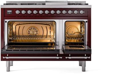 48" ILVE Nostalgie II Dual Fuel Natural Gas Freestanding Range in Burgundy with Chrome Trim - UP48FNMP/BUC NG