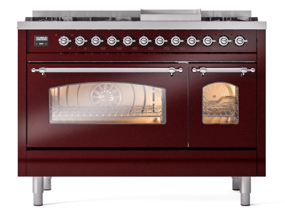 48" ILVE Nostalgie II Dual Fuel Natural Gas Freestanding Range in Burgundy with Chrome Trim - UP48FNMP/BUC NG