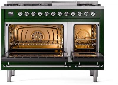48" ILVE Nostalgie II Dual Fuel Natural Gas Freestanding Range in Emerald Green with Chrome Trim - UP48FNMP/EGC NG