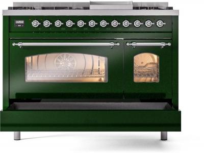 48" ILVE Nostalgie II Dual Fuel Natural Gas Freestanding Range in Emerald Green with Chrome Trim - UP48FNMP/EGC NG