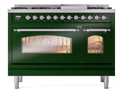 48" ILVE Nostalgie II Dual Fuel Natural Gas Freestanding Range in Emerald Green with Chrome Trim - UP48FNMP/EGC NG