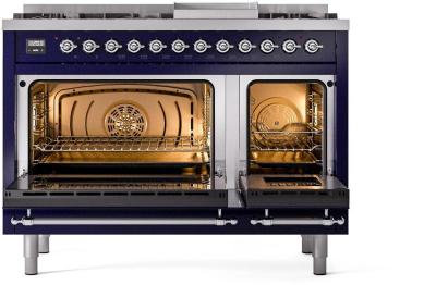 48" ILVE Nostalgie II Dual Fuel Natural Gas Freestanding Range in Blue with Chrome Trim - UP48FNMP/MBC NG