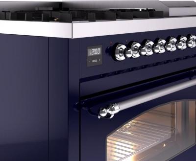 48" ILVE Nostalgie II Dual Fuel Natural Gas Freestanding Range in Blue with Chrome Trim - UP48FNMP/MBC NG