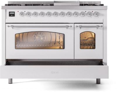 48" ILVE Nostalgie II Dual Fuel Natural Gas Freestanding Range in White with Chrome Trim - UP48FNMP/WHC NG