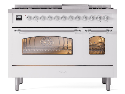 48" ILVE Nostalgie II Dual Fuel Natural Gas Freestanding Range in White with Chrome Trim - UP48FNMP/WHC NG