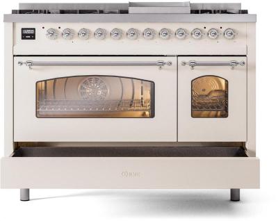48" ILVE Nostalgie II Dual Fuel Natural Gas Freestanding Range in Antique White with Chrome Trim - UP48FNMP/AWC NG