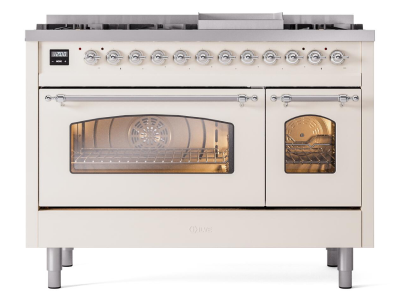 48" ILVE Nostalgie II Dual Fuel Natural Gas Freestanding Range in Antique White with Chrome Trim - UP48FNMP/AWC NG