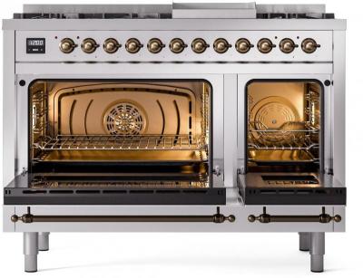 48" ILVE Nostalgie II Dual Fuel Liquid Propane Freestanding Range in Stainless Steel with Bronze Trim - UP48FNMP/SSB LP