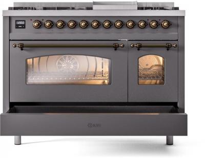 48" ILVE Nostalgie II Dual Fuel Liquid Propane Freestanding Range in Matte Graphite with Bronze Trim - UP48FNMP/MGB LP