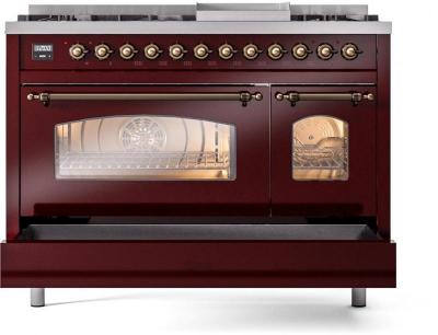 48" ILVE Nostalgie II Dual Fuel Liquid Propane Freestanding Range in Burgundy with Bronze Trim - UP48FNMP/BUB LP