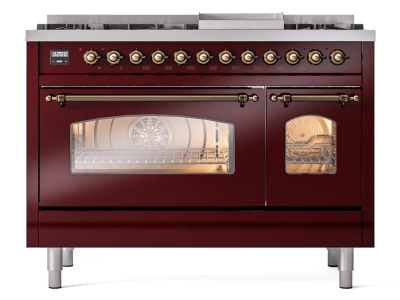 48" ILVE Nostalgie II Dual Fuel Liquid Propane Freestanding Range in Burgundy with Bronze Trim - UP48FNMP/BUB LP