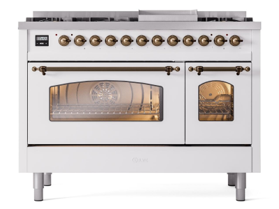 48" ILVE Nostalgie II Dual Fuel Liquid Propane Freestanding Range in White with Bronze Trim - UP48FNMP/WHB LP