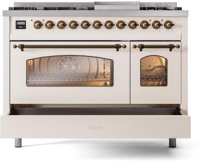 48" ILVE Nostalgie II Dual Fuel Liquid Propane Freestanding Range in Antique White with Bronze Trim - UP48FNMP/AWB LP