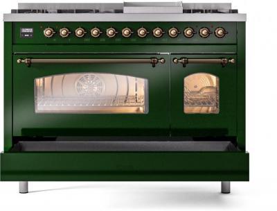 48" ILVE Nostalgie II Dual Fuel Liquid Propane Freestanding Range in Emerald Green with Bronze Trim - UP48FNMP/EGB LP