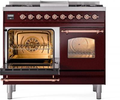 40" ILVE Nostalgie II Dual Fuel Liquid Propane Freestanding Range in Burgundy with Copper Trim - UPD40FNMP/BUP LP