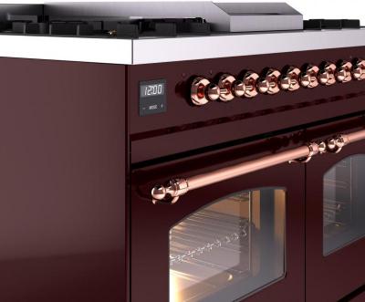 40" ILVE Nostalgie II Dual Fuel Liquid Propane Freestanding Range in Burgundy with Copper Trim - UPD40FNMP/BUP LP